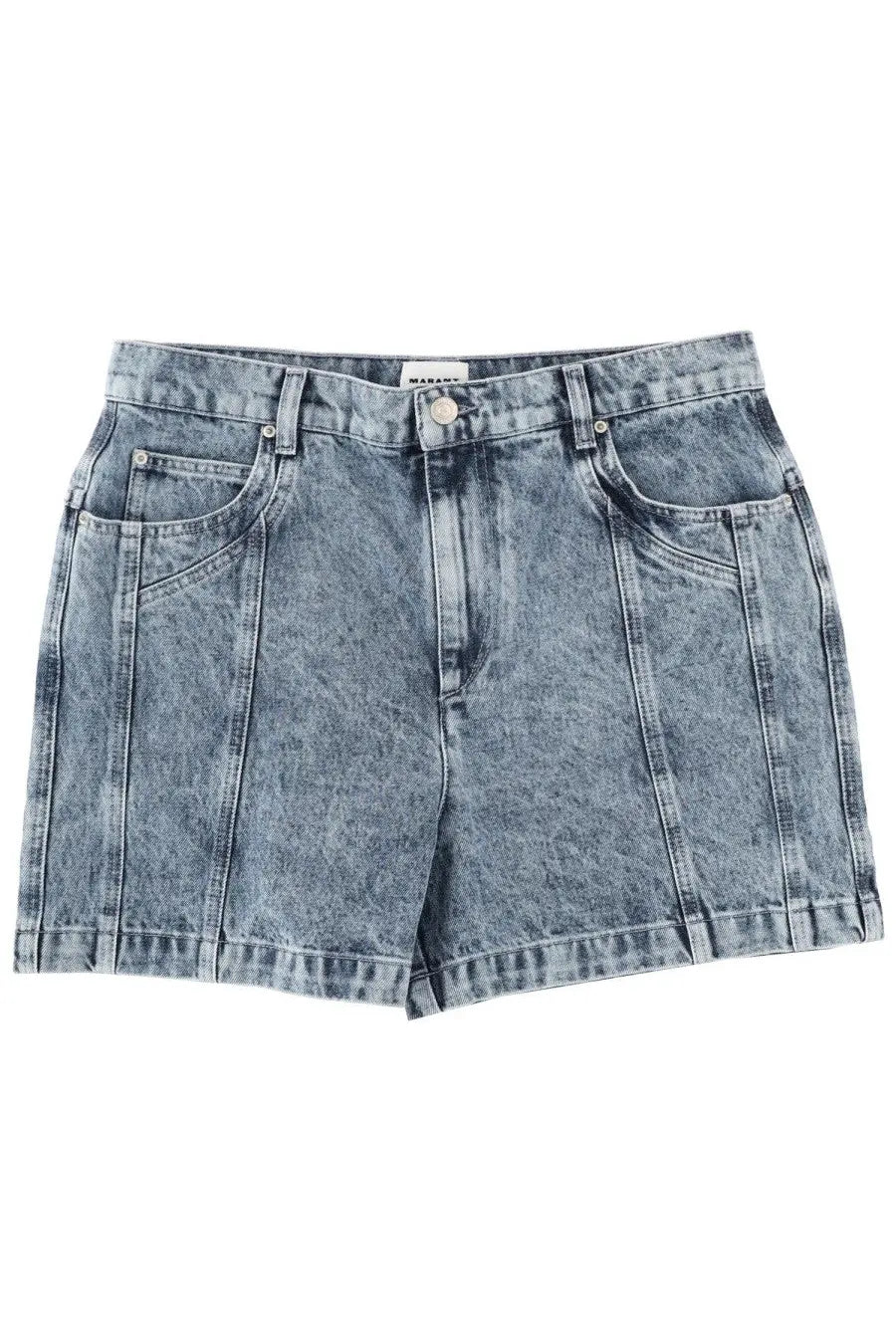 Isabel marant étoile women’s high-waisted denim shorts in faded blue wash with visible stitching and five-pocket design