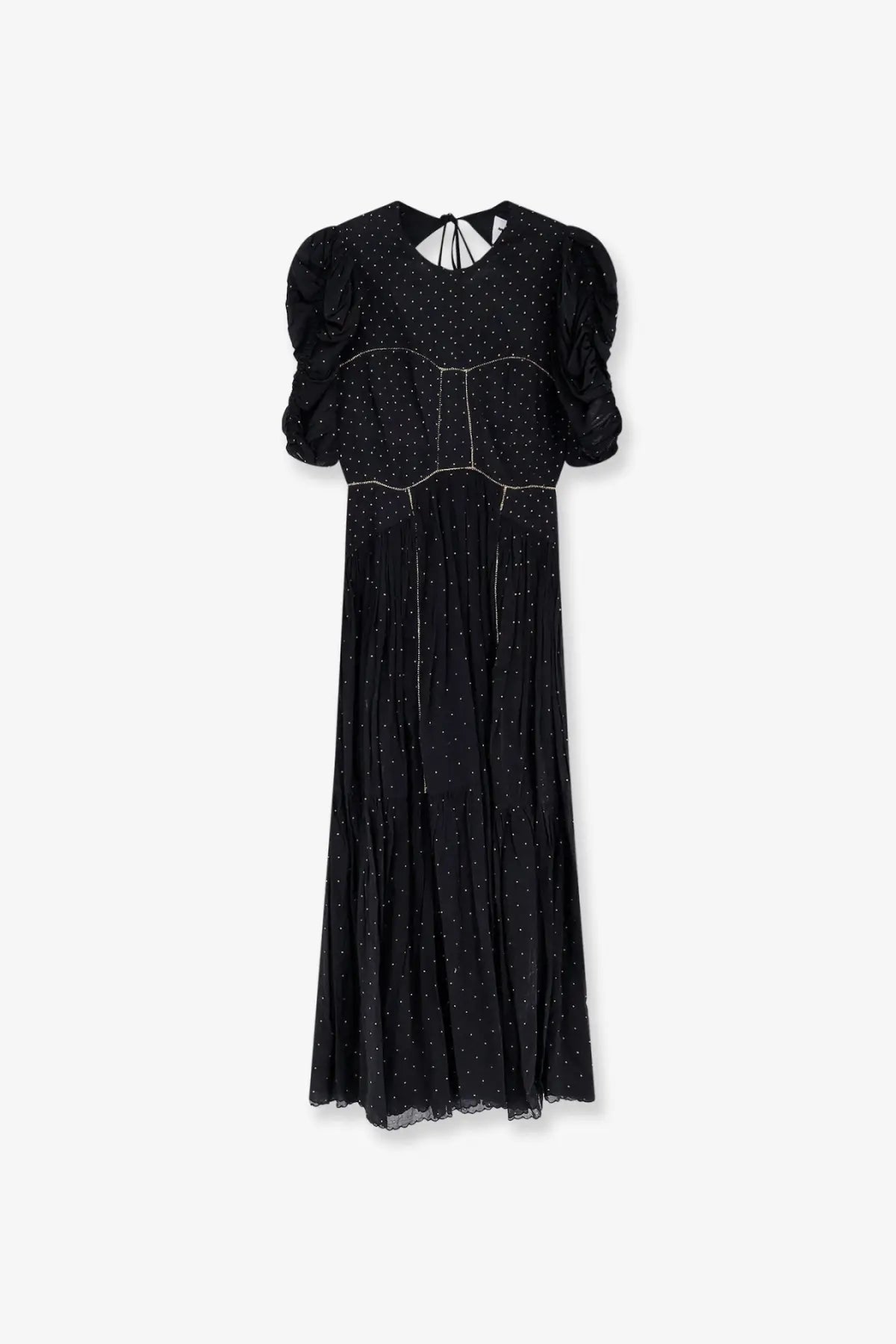 Isabel Marant Étoile women’s black midi dress with puffed sleeves subtle polka dots and silver waist trim