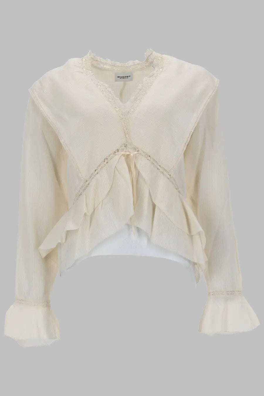 Cream-colored lightweight blouse with delicate lace trim and layered ruffles front by Isabel Marant Étoile women’s top damienne white