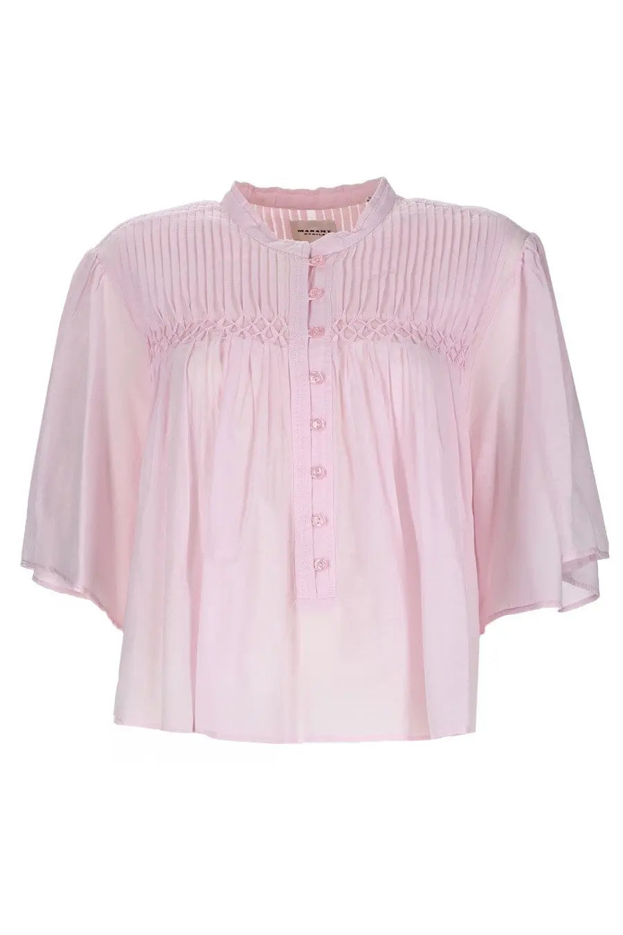 Isabel Marant Etoile Destiny Blue top with pink pleated neckline and flutter sleeves