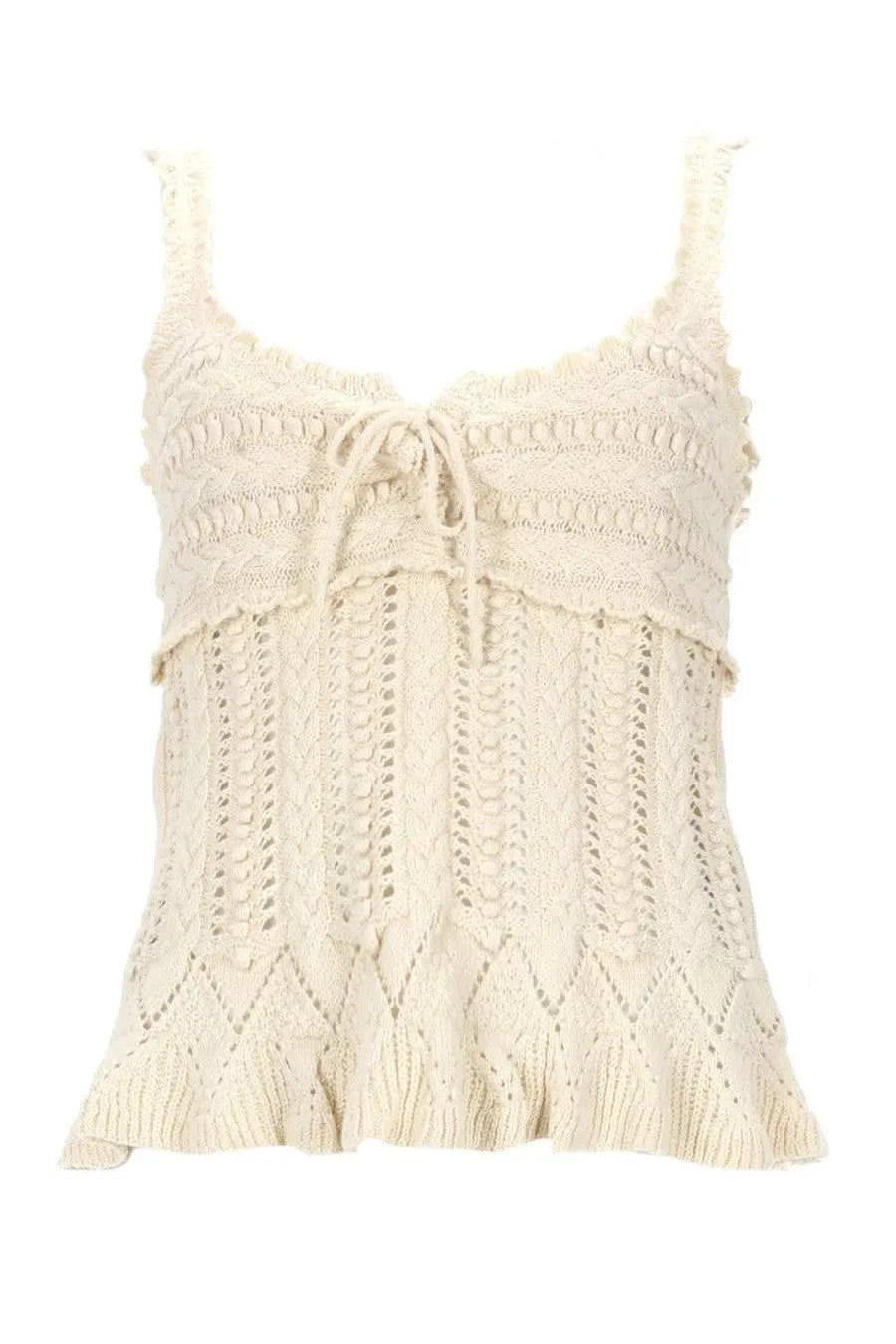 Isabel Marant Étoile cream-colored knitted tank top with lace-like pattern ruffled hem and adjustable tie neckline