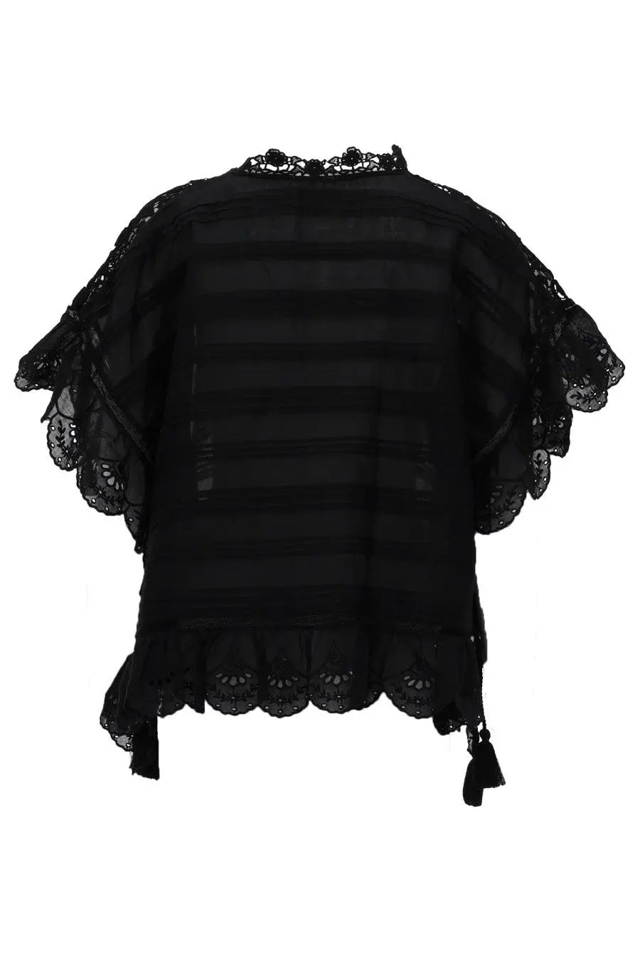 Isabel Marant Étoile women’s black blouse with black lace trim sheer striped fabric and ruffled sleeves