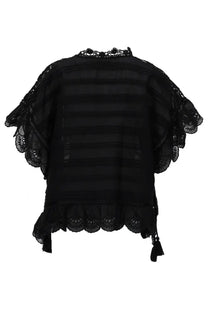 Isabel Marant Étoile women’s black blouse with black lace trim sheer striped fabric and ruffled sleeves