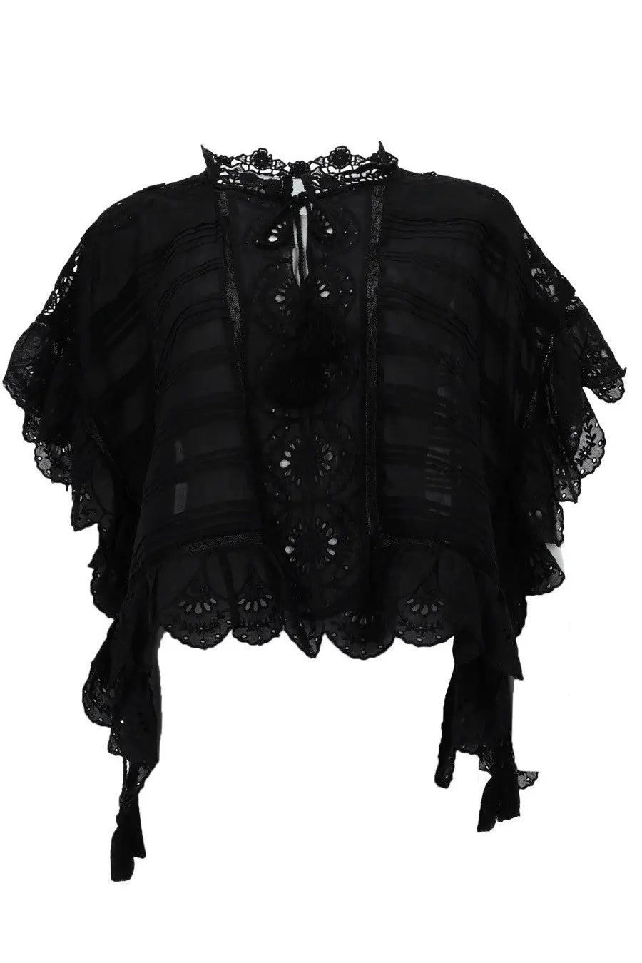 Isabel Marant Étoile women’s black blouse with sheer lace trim ruffled sleeves and high neckline