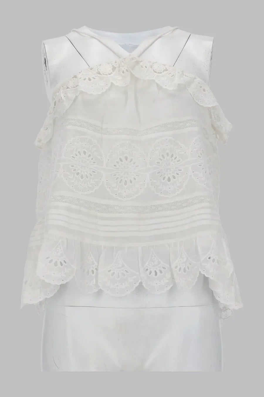 Isabel Marant Étoile women’s white lace top with delicate eyelet patterns and ruffled trim