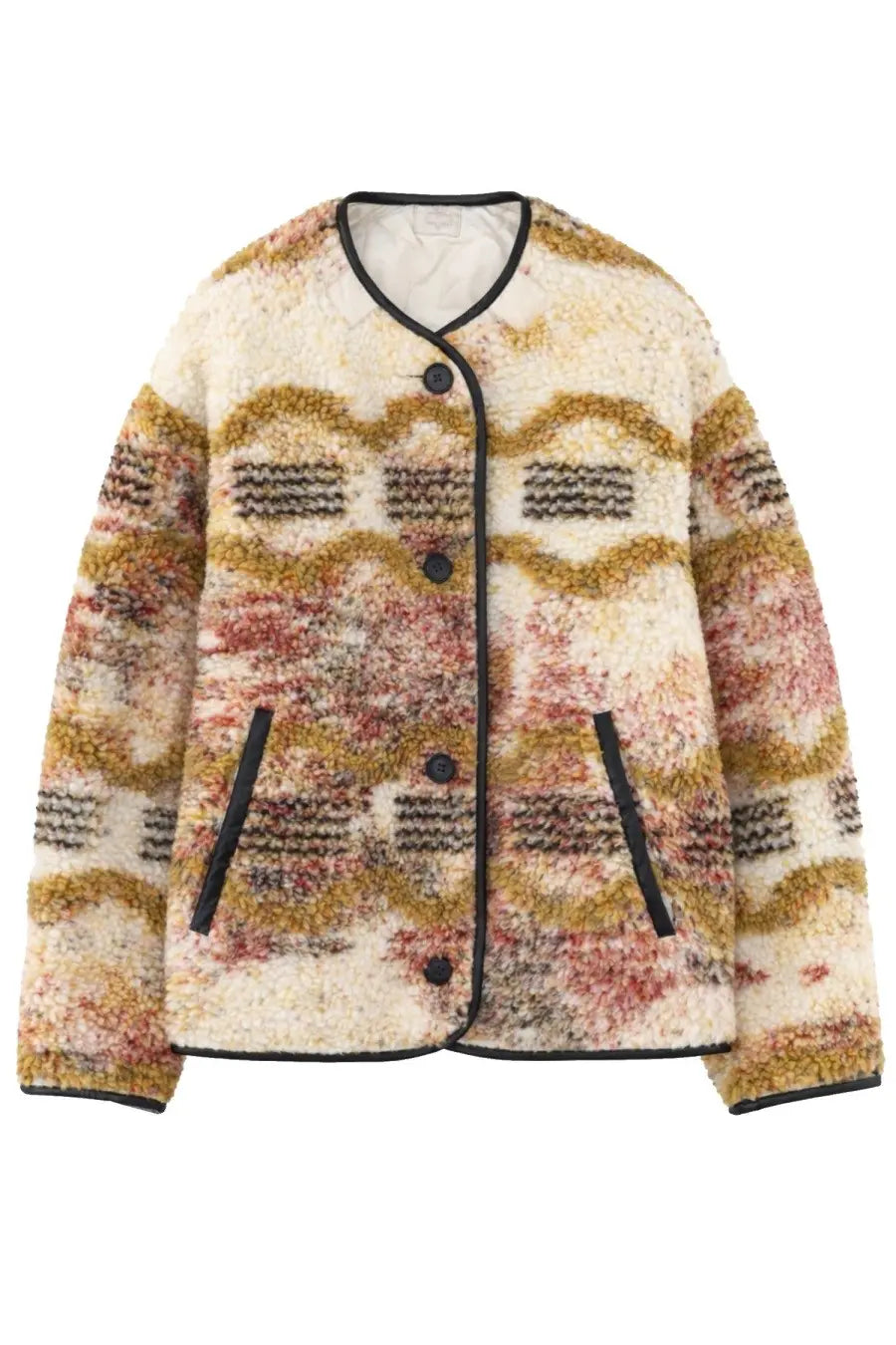 Isabel Marant Étoile women’s Umala jacket cream shearling with warm mustard and terracotta geometric pattern
