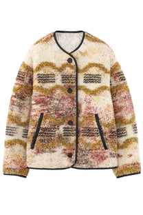 Isabel Marant Étoile women’s Umala jacket cream shearling with warm mustard and terracotta geometric pattern