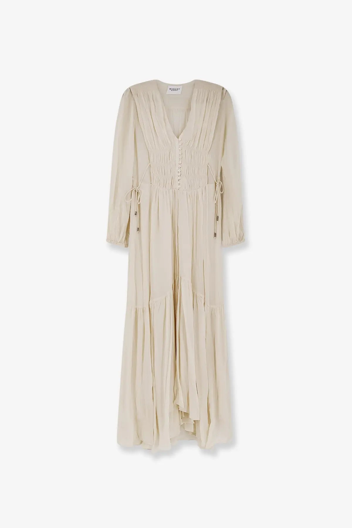 Beige viscose tiered maxi dress with v-neckline smocked bodice and drawstring cuffs by Isabel Marant Étoile