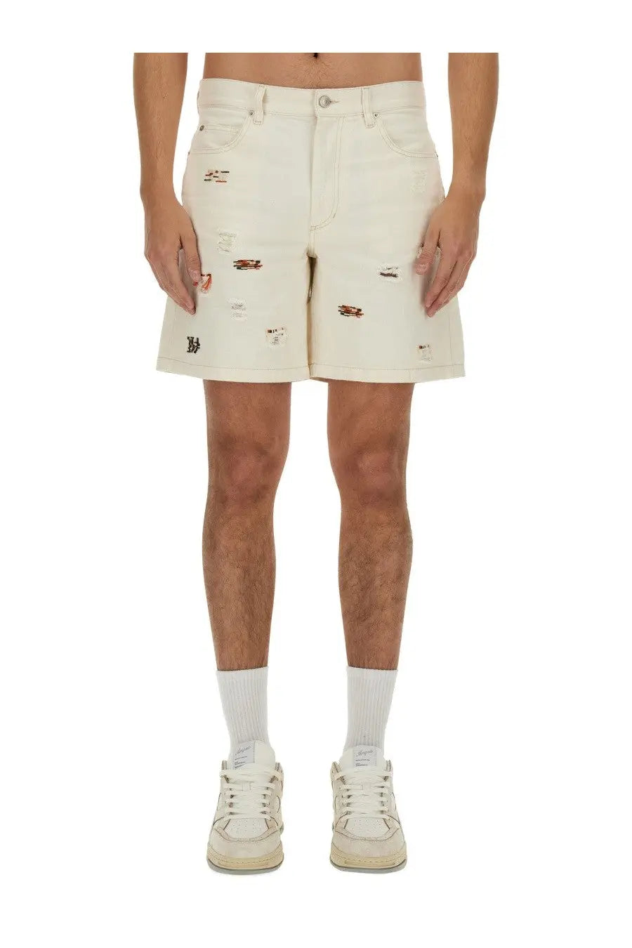 Isabel Marant men’s off-white distressed denim bermuda shorts with subtle embroidered patches and five-pocket design