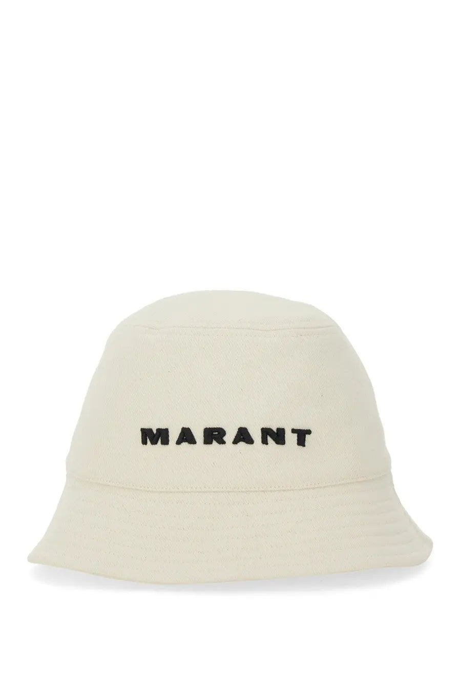 Cream-colored Isabel Marant men’s bucket hat with black embroidered marant logo in Haley beige fabric