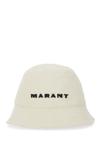 Cream-colored Isabel Marant men’s bucket hat with black embroidered marant logo in Haley beige fabric