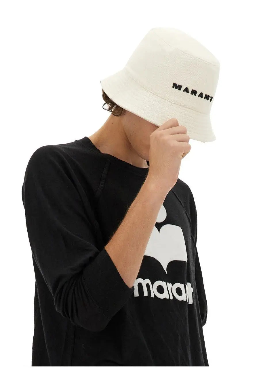 White isabel marant men’s bucket hat haley beige with black marant branding on front in cotton material