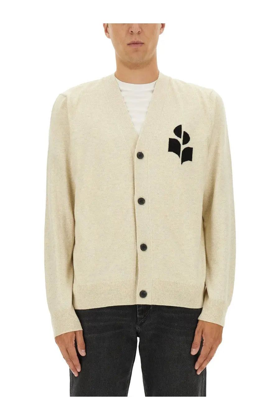 Isabel Marant men’s cream-colored knit cardigan with black button closure and black embroidered logo on left chest