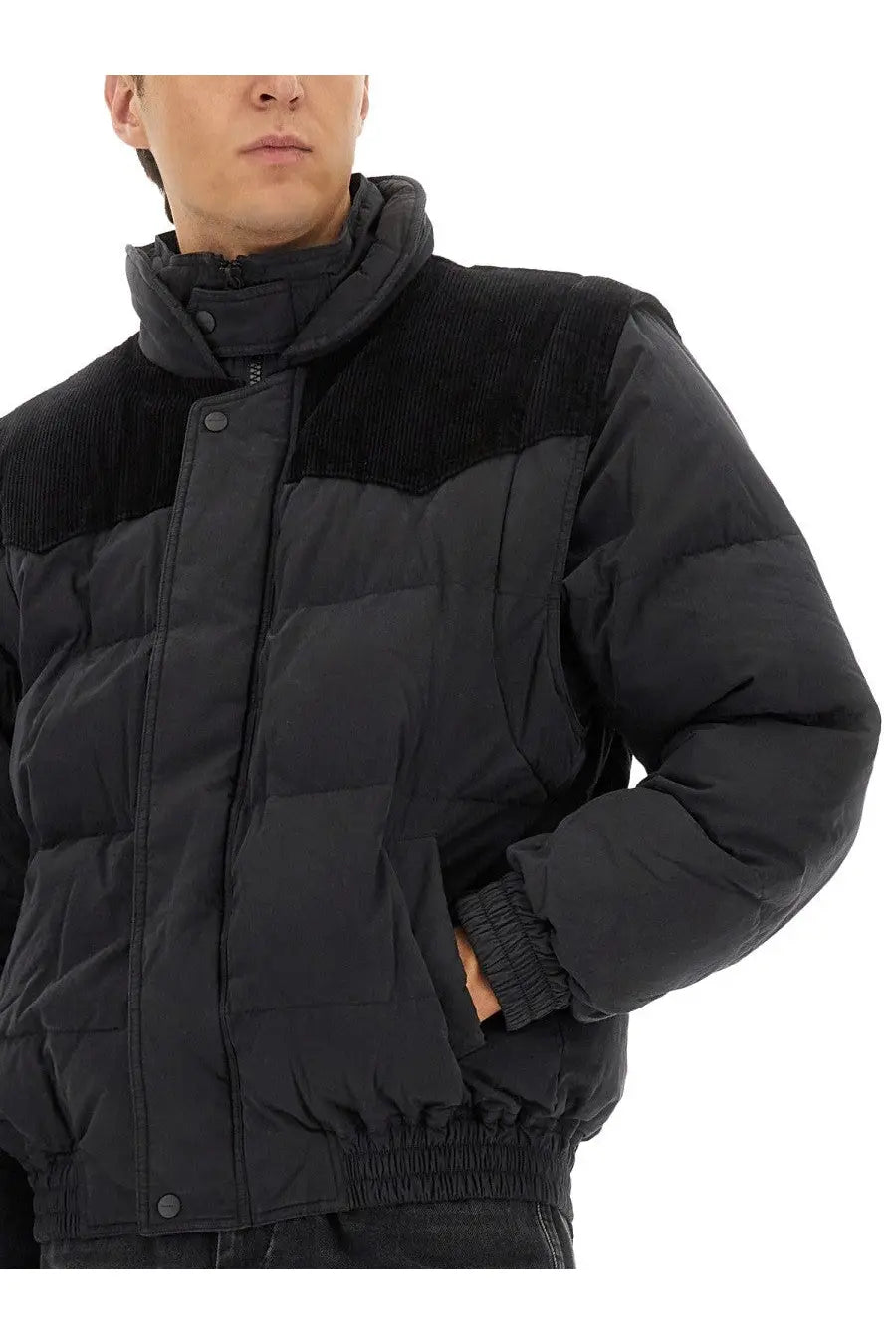 Isabel Marant men’s black down puffer jacket with contrasting corduroy collar and cuffs in dowson style