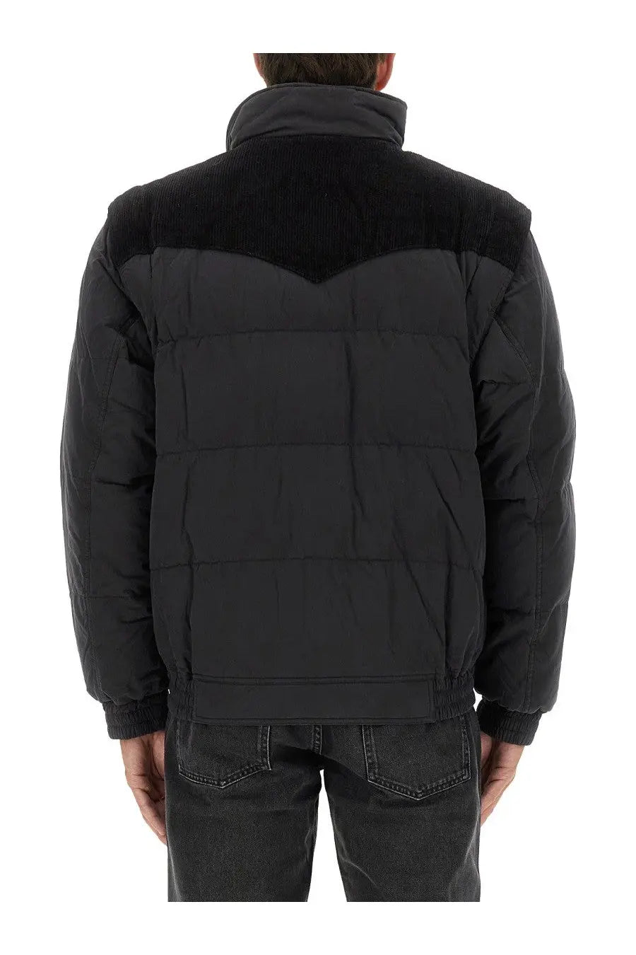 Isabel Marant men’s black down jacket with contrasting corduroy collar and puffer design for cold weather