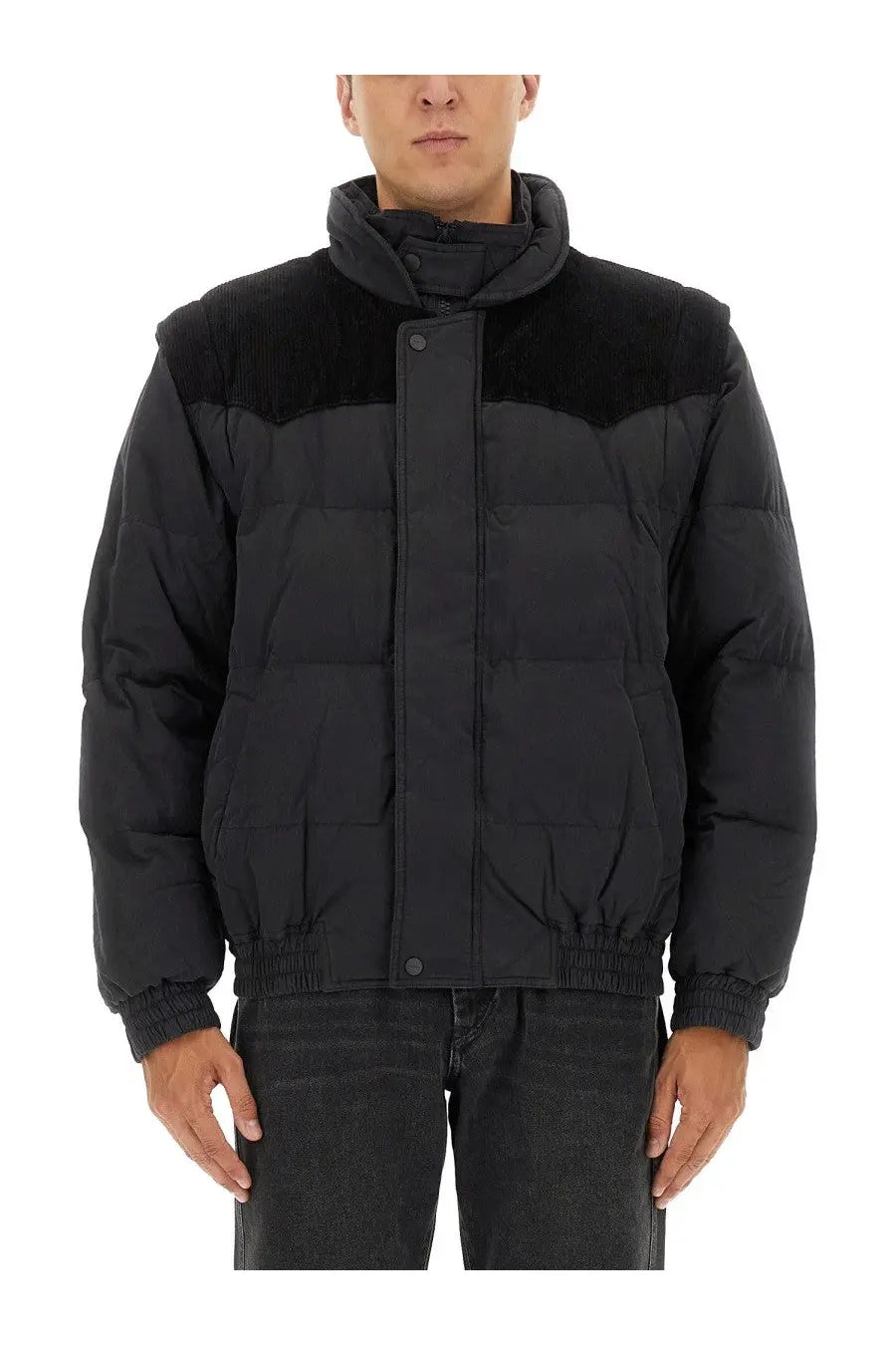Isabel Marant men’s black puffer down jacket with contrasting corduroy collar and ribbed cuffs