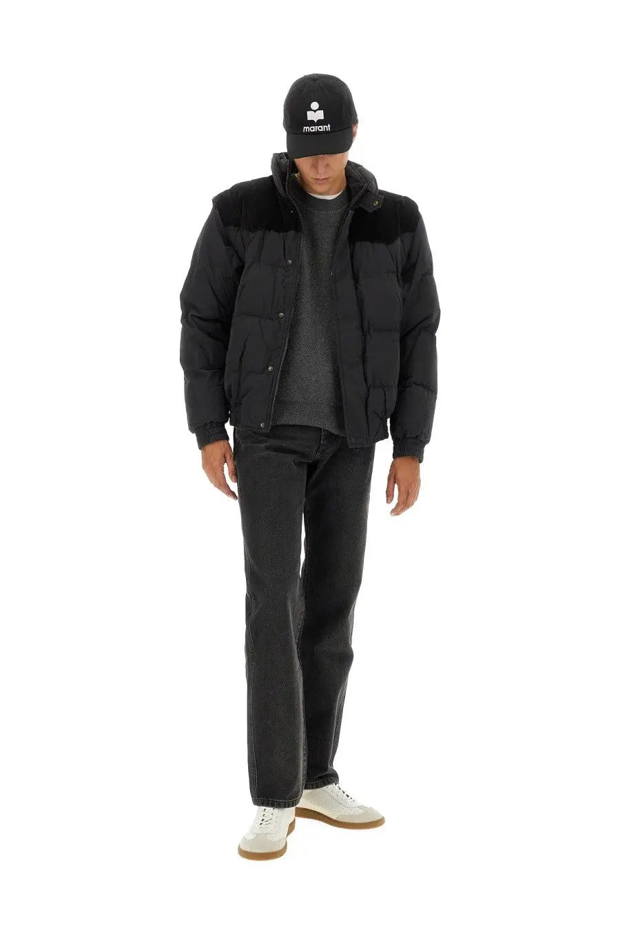 Isabel Marant men’s black down jacket with quilted design and plush fur-lined hood for cold weather wear
