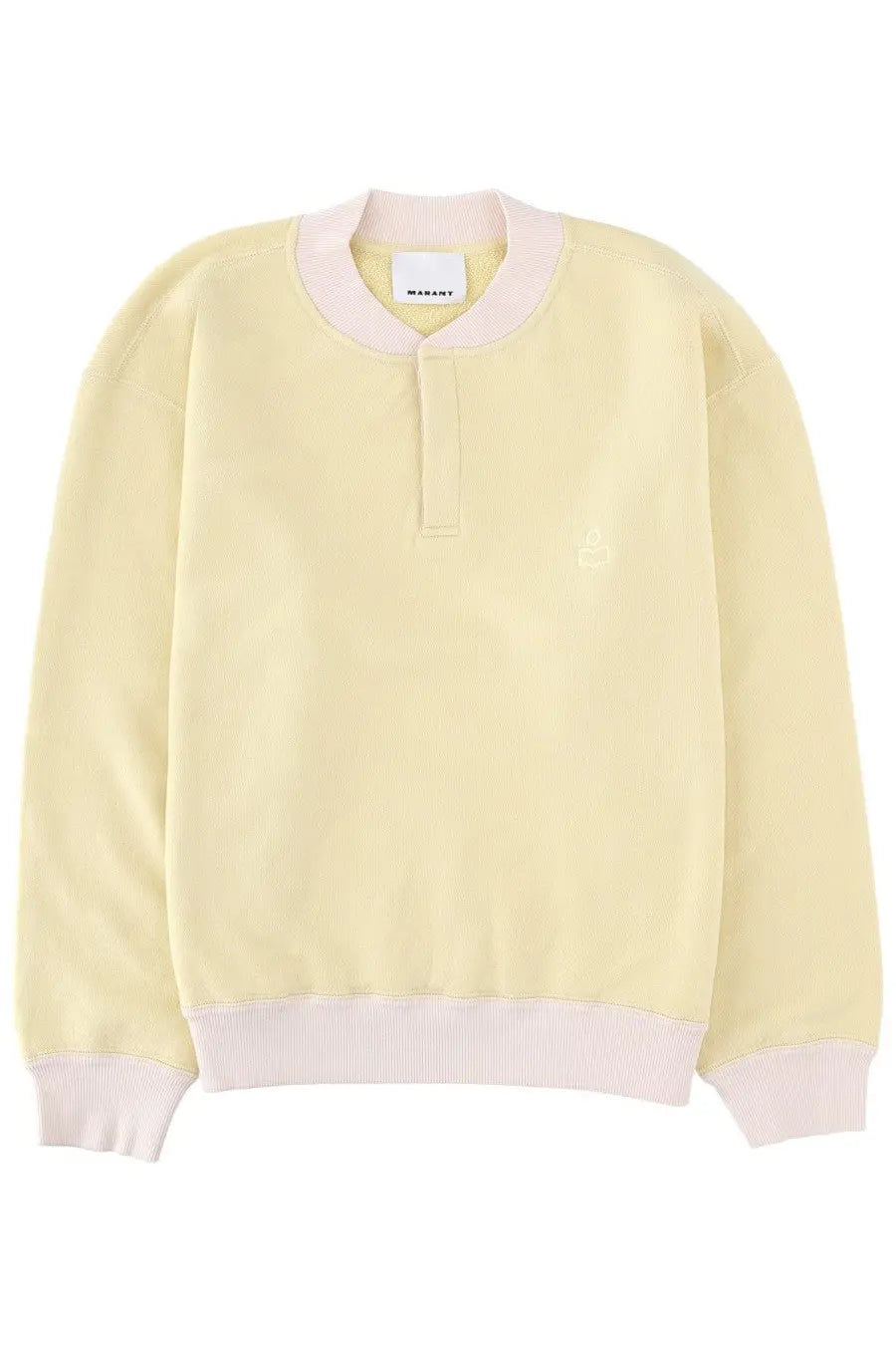 Isabel Marant men’s felpa Mathias yellow pastel crewneck sweatshirt with subtle chest logo and pale pink ribbed trim