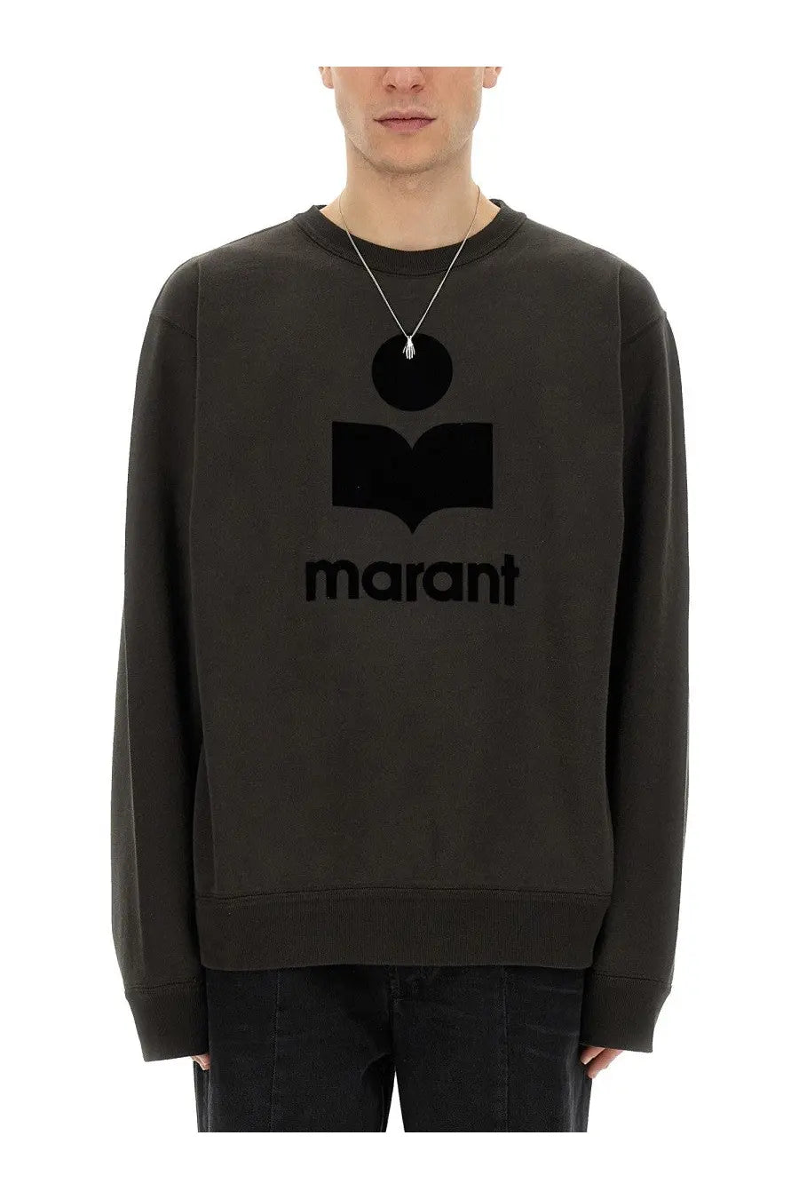 Dark olive green crewneck sweatshirt with bold black embroidered marant logo isabel marant men’s felpa mikoy black