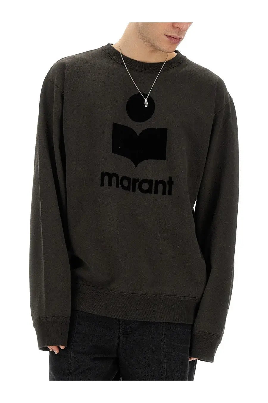 Isabel Marant men’s dark olive green crewneck sweatshirt with bold black embroidered marant logo on front