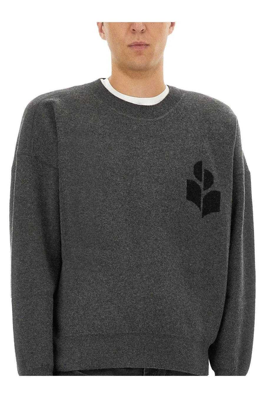 Isabel Marant men’s jersey grey dark gray heathered knit sweater with black embroidered logo on the left chest
