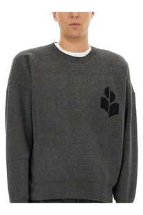 Isabel Marant men’s jersey grey dark gray heathered knit sweater with black embroidered logo on the left chest