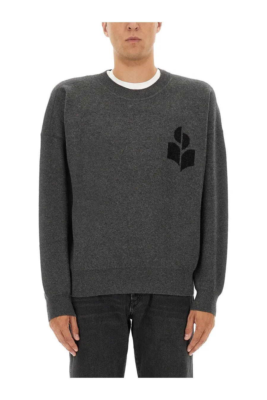Isabel Marant men’s dark gray textured knit sweater with black embroidered leaf logo on left chest in jersey material