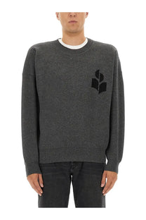 Isabel Marant men’s dark gray textured knit sweater with black embroidered leaf logo on left chest in jersey material