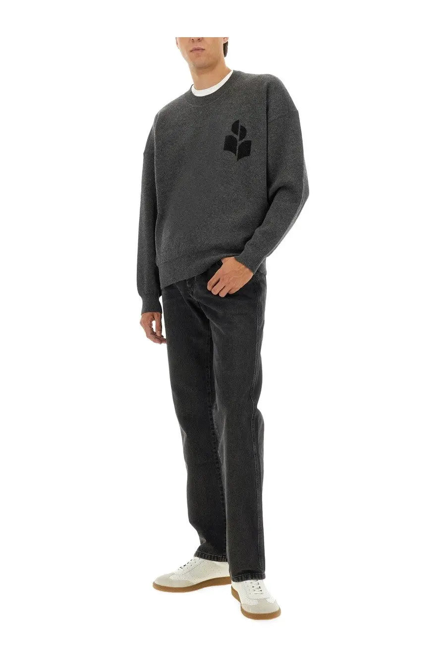 Isabel Marant men’s dark gray textured knit jersey sweater with black embroidered leaf logo on the chest