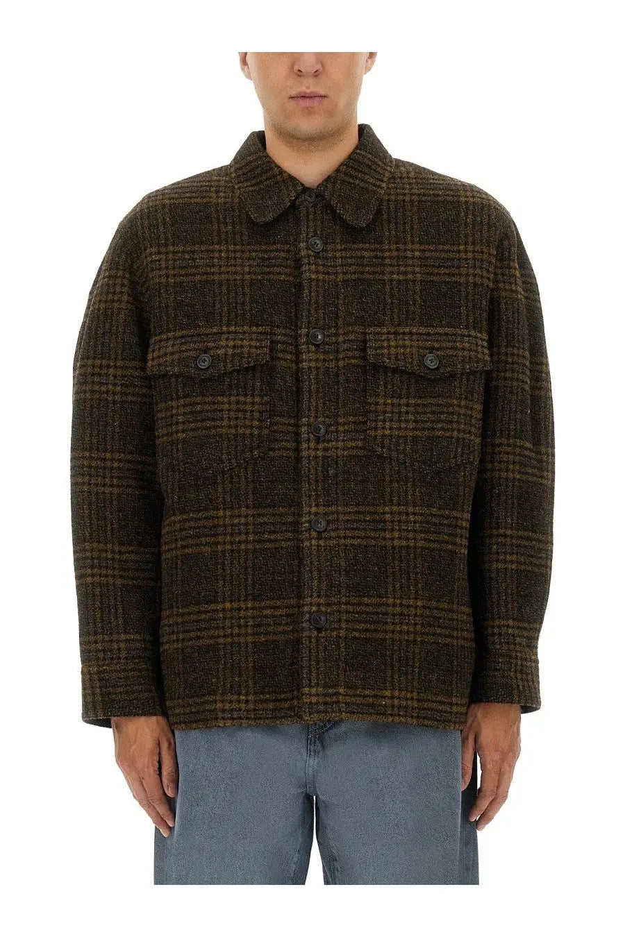Isabel Marant men’s kervey GB brown woolen jacket with brown and black plaid and buttoned chest pockets