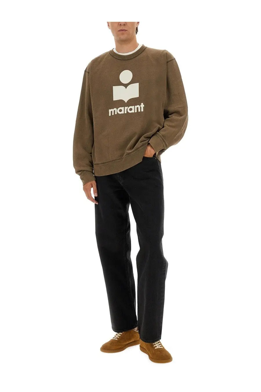 Isabel Marant men’s mikoy brown sweatshirt with white open book logo and brand name on soft cotton fabric