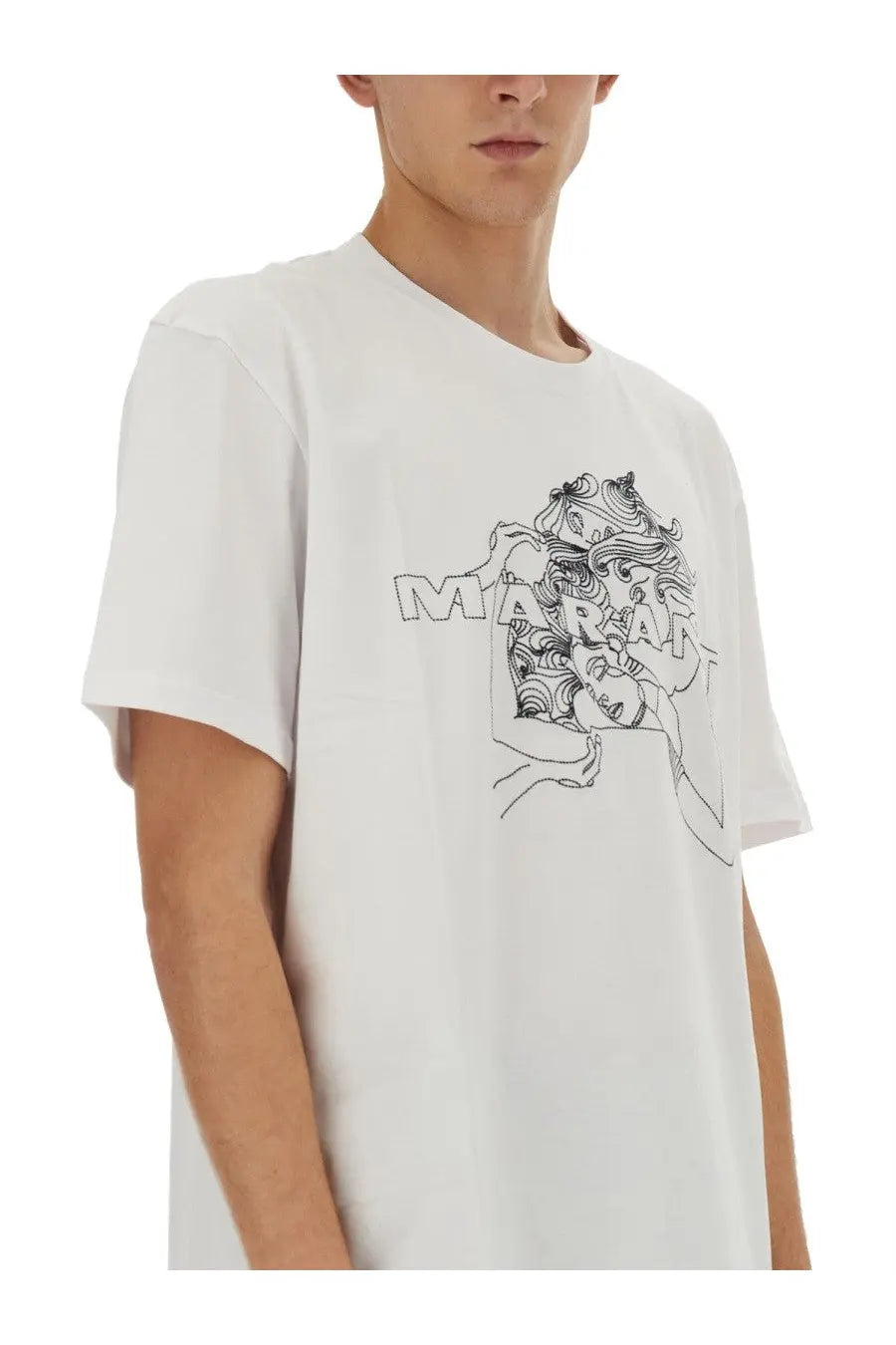 Isabel Marant men’s white cotton t-shirt with black line-art graphic of intertwined faces and miraf print front