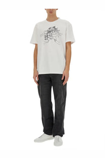 Isabel Marant men’s white cotton t-shirt with black line-art graphic of two figures and versace text above them