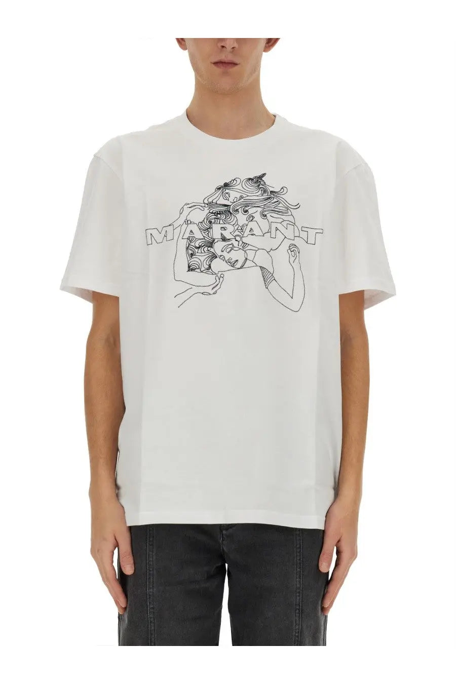 Isabel marant men’s white t-shirt featuring black line-art graphic of two figures with flowing hair and brand name