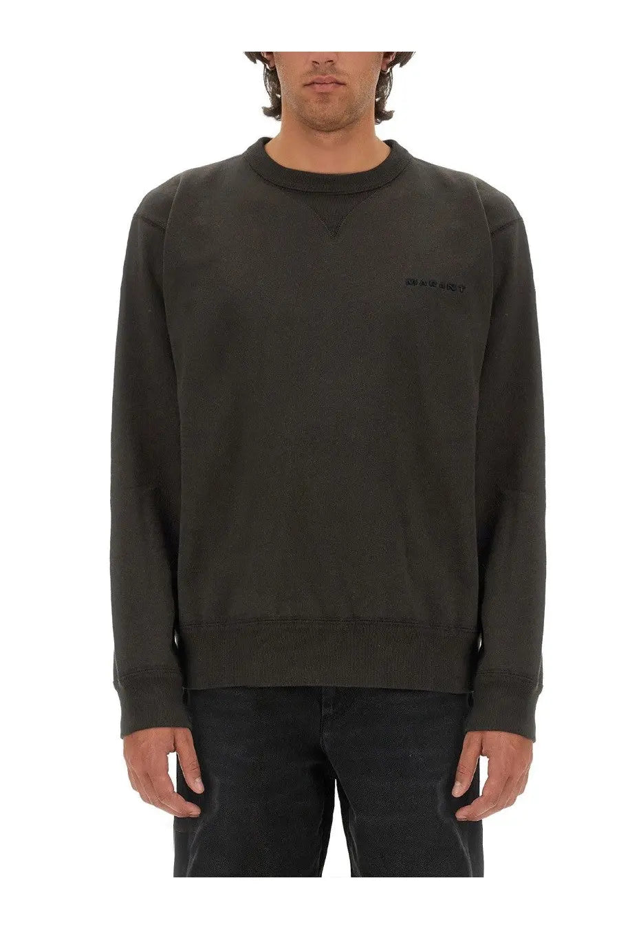 Isabel Marant men’s dark olive green crewneck sweatshirt with subtle black embroidered branding on left chest