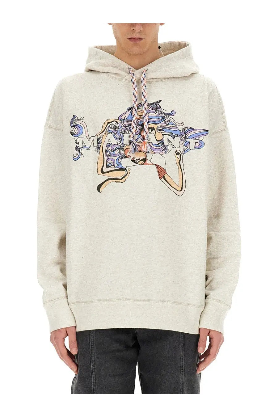 Cream-colored oversized hoodie featuring a vibrant graphic of a stylized figure with flowing blue and purple hair