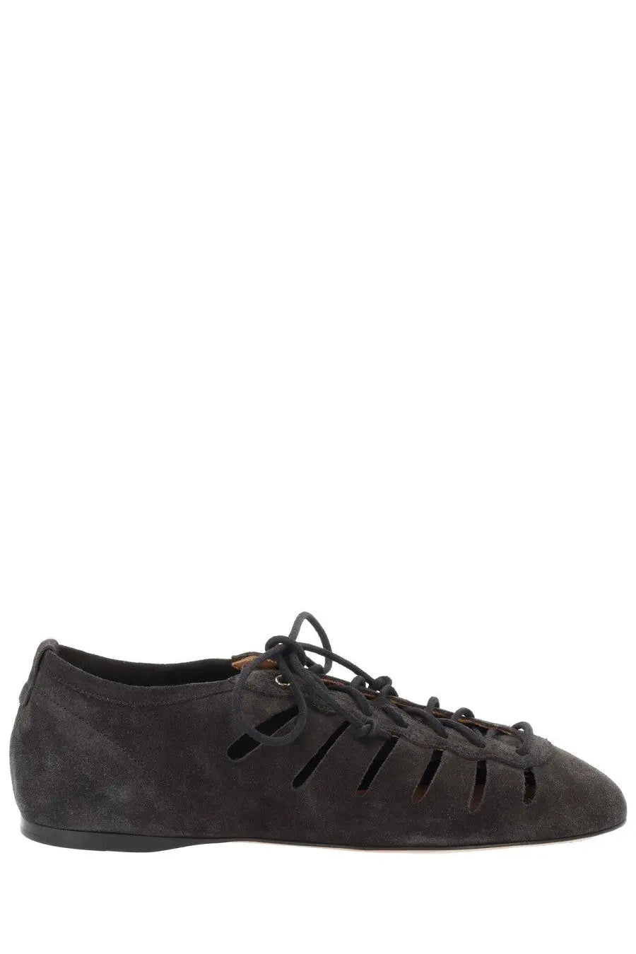 Isabel Marant women’s ballerina Leyza black dark gray suede lace-up flat shoe with minimalist design and perforations