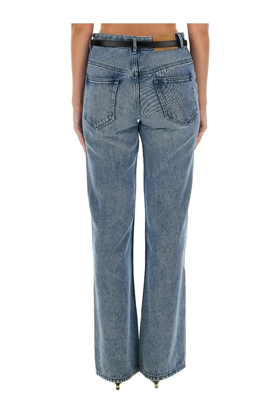 Isabel Marant women’s blue denim flare jeans with black belt and brown leather tab shown from the back side