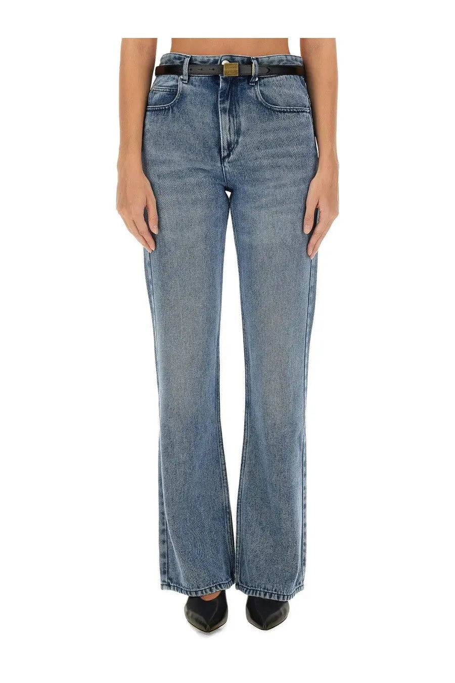 Isabel Marant women’s belvira high-waisted blue denim flare jeans with a black belt and gold-tone buckle