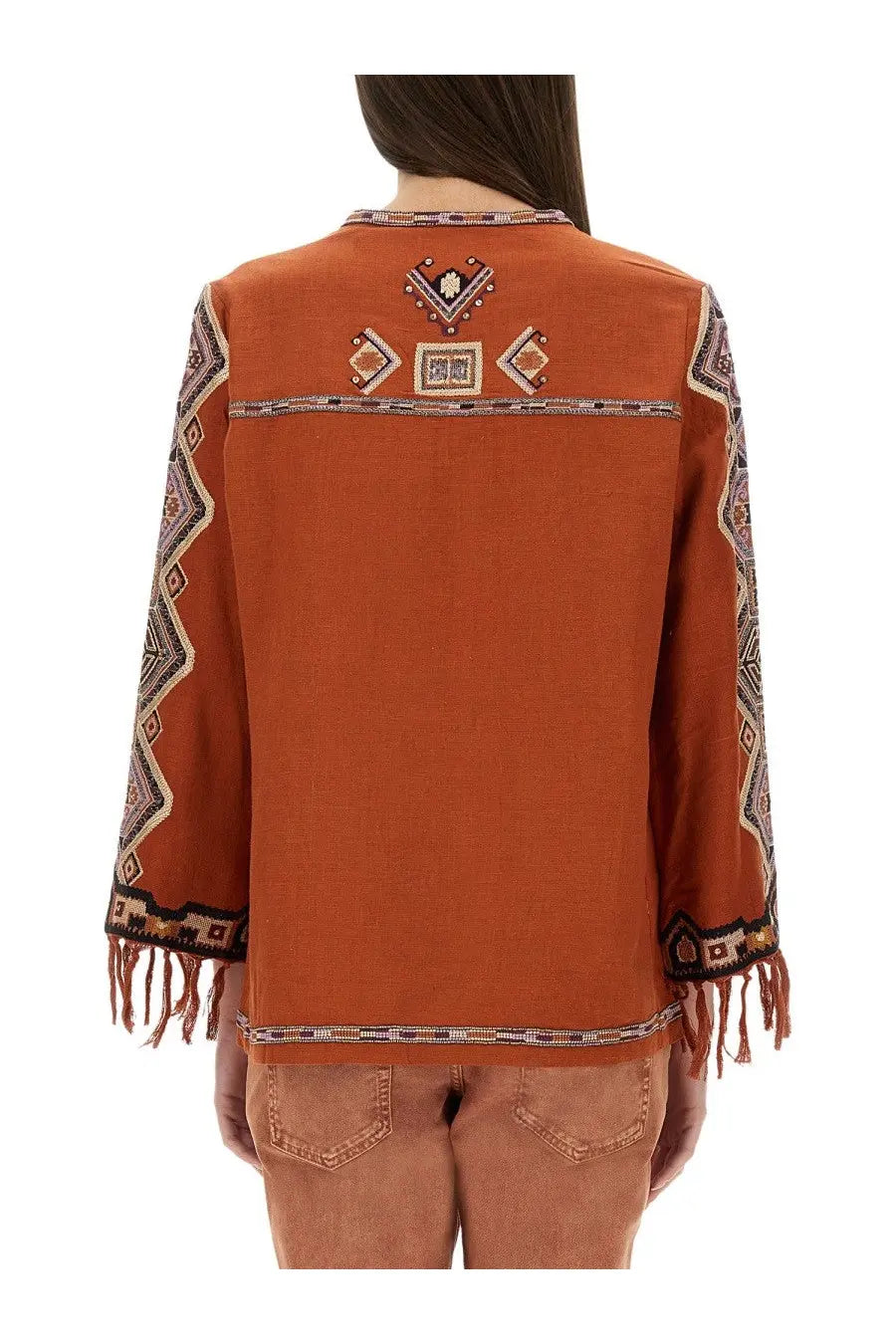 Isabel Marant women’s rust-colored embroidered blouse with geometric patterns and fringe detailing on sleeves and hem