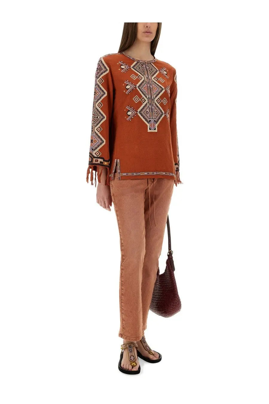 Isabel Marant women’s blue Zelda multicolor rust-colored embroidered top with geometric patterns and fringe sleeves