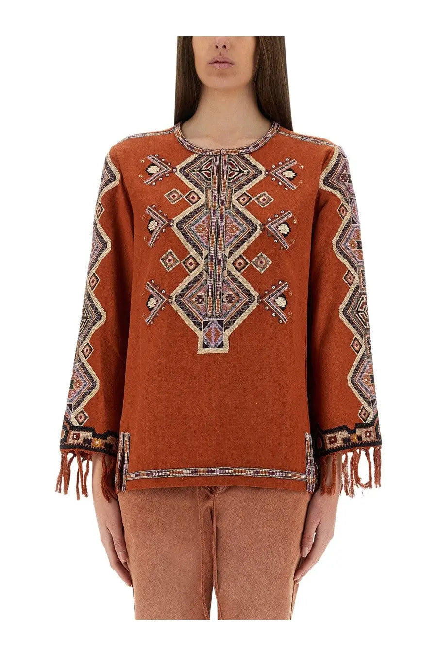 Isabel Marant women’s rust-colored embroidered top with intricate geometric patterns and fringe cuffs