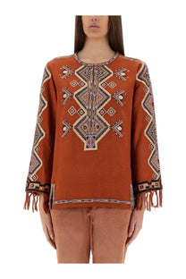 Isabel Marant women’s rust-colored embroidered top with intricate geometric patterns and fringe cuffs