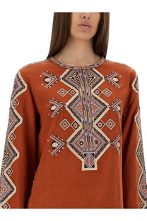 Isabel Marant women’s rust-colored long-sleeved top with intricate geometric embroidery in beige black and multicolor threads