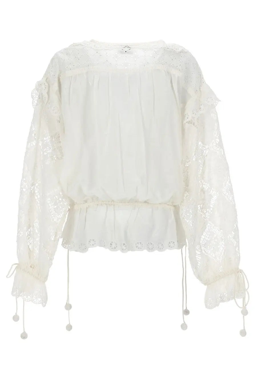 Isabel Marant women’s white lace blouse with embroidered details and pom-pom tied sleeves