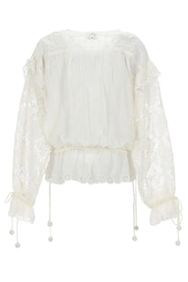 Isabel Marant women’s white lace blouse with embroidered details and pom-pom tied sleeves