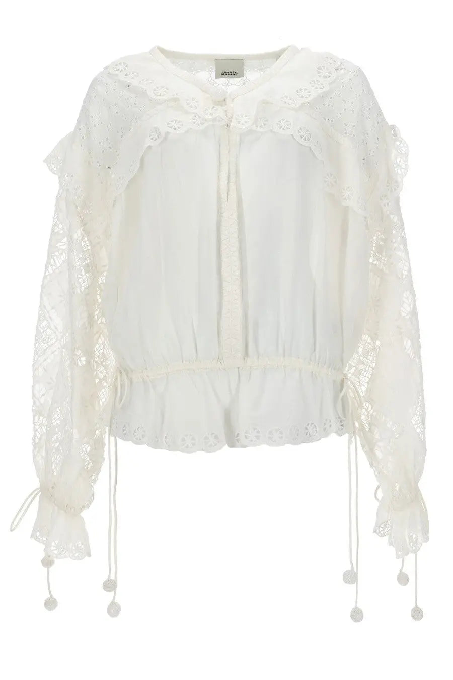 Isabel Marant women’s white lace blouse with ruffled sleeves and pom pom ties in lightweight fabric