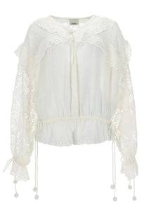 Isabel Marant women’s white lace blouse with ruffled sleeves and pom pom ties in lightweight fabric