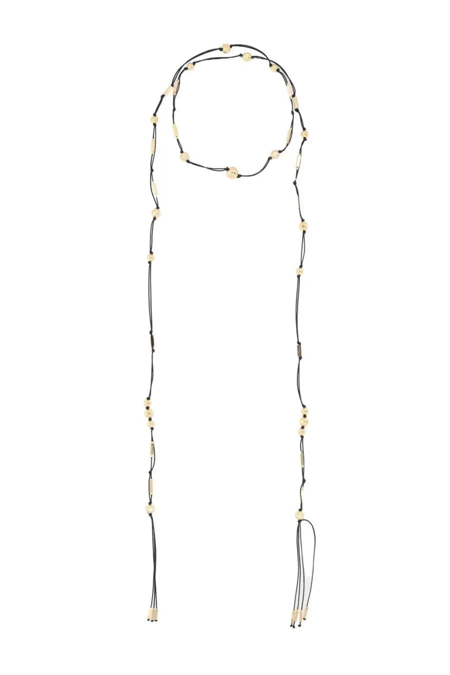 Isabel Marant women’s black cord necklace scarf with cream beads metallic accents and tassels at the ends