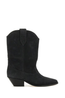 Isabel Marant women’s black suede cowboy boot duerto with pointed toe and low block heel visible from the front